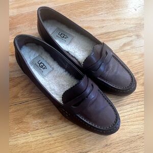 UGG Brown Leather Loafers- Shearling Lined Size 6